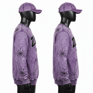 Sweat-shirt de haute qualité en molleton de coton 320 GSM, toucher doux, style lavage violet avec broderie de strass, sweat-shirts basiques - Product Image 5