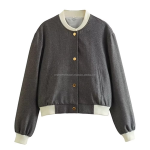 Chaqueta Bomber de Lana para Mujer, Más Vendida, Relleno de Algodón, Resistente al Viento, Estilo Universitario Gris, Ribete en Contraste, Botones a Presión Dorados - Product Image 6