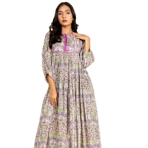 Maxi vestido largo con estampado Floral 3/4 mangas multicolor encaje trabajo púrpura mujeres vestido Casual fiesta de noche Vestidos largos mujeres