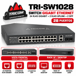 Switch Ethernet Gigabit Full-Duplex TRICOM a 24 Porte, 24 RJ45 + 2 Uplink + 2 SFP, Formato 1U per Rack o Desktop, QoS, Impilabile - Product Image 1