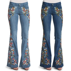 Jeans Elegantes para Mujer con Diseño Floral Bordado, Corte Holgado, Transpirables, Pierna Ancha, Personalizados - Product Image 1
