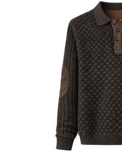 Suéter Polo de Punto Trenzado con Textura Mixta Personalizado para Hombre, Manga Larga, Cuello con Botones, Jersey de Invierno con Parche en el Codo en Color Marrón Oscuro - Product Image 3