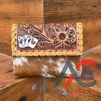 Barat asli desainer tangan Tooled kulit wanita Clutch dompet modis penjualan laris kulit sapi asli dompet tempat kartu ramping