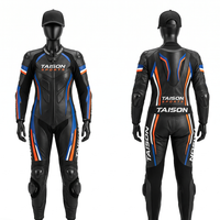 Combinaison de longboard en cuir de vachette premium 1200 GSM, design à panneaux noir, bleu et orange, logo personnalisé