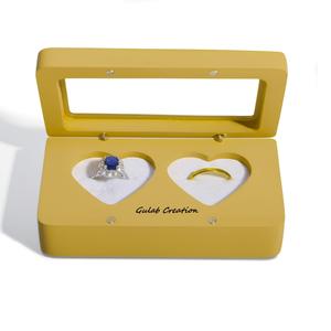 Caja de anillo de madera amarilla para bodas, soporte para portador de anillo de doble corazón para ceremonias de compromiso, hecho a mano con decoración de madera - Product Image 1