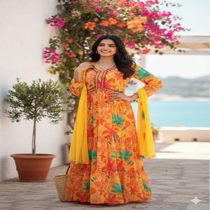 Kurta de Georgette para Mujer con Forro Completo, Pantalón y Dupatta de Georgette con Bordado y Encaje, Hecho en India, En Stock - Product Image 1