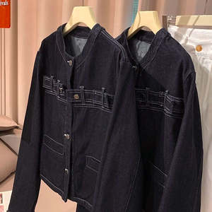 Veste en jean noir femmes mode col rond simple boutonnage manteaux amples Design coréen rétro lavé haut court printemps automne - Product Image 3