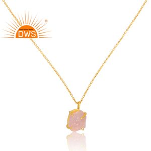 Handmade Sterling Silver 18K <b>Gold</b> Plated Natural <b>Rose</b> Quartz Gemstone <b>Pendant</b> <b>Necklace</b> Custom Jewelry Manufacturer - Product Image 2
