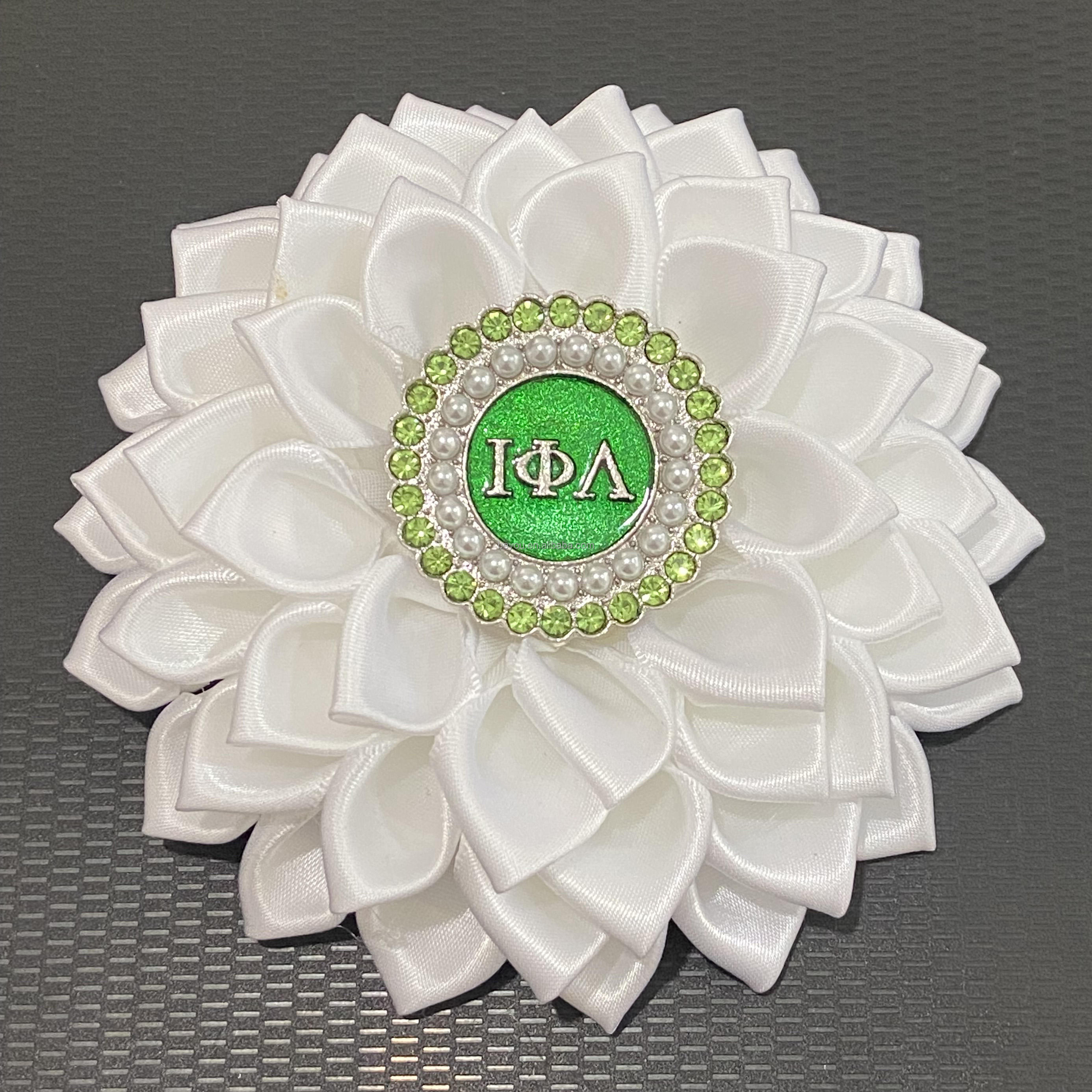 Inch AKAS Sorority Pink and Green Sorority Silk Flower Corsage  Ribbon Petal Pearl Women Brooch Pin