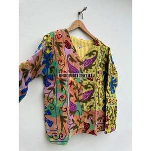 Handmade Embroidery Quilted Cotton Winter Coat <b>Jacket</b> <b>for</b> Indian <b>Women</b> Long-Length Raw Edge Suzani Kimono Robe Breathable Woven - Product Image 3