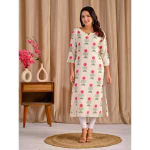 Kurti Recto de Algodón y Yute Estampado Butta Block Blanco y Rosa, Estilo Casual con Cintura Natural y Característica Transpirable - Product Image 6