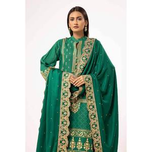 Traje Karandi de Satén Dorado de 3 Piezas Sin Coser con Chal de Pashmina Bordado y Estampado Laca AP-42046 - Product Image 2