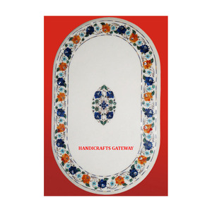 Excellent Handmade White Marble <b>Coffee</b> and Tea <b>Table</b> Top Inlaid With Semi Precious Marble Inlay <b>Oval</b> Shape Handmade <b>Coffee</b> <b>Table</b> - Product Image 1