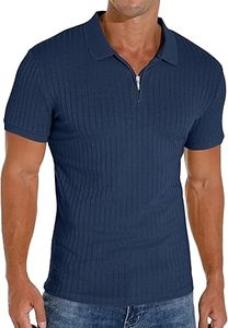 Camiseta de Hombre Azul Marino con Cierre, 100% Algodón Oxford, Rayas, Ecológica, Transpirable y de Secado Rápido - Product Image 3