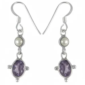 Pendientes clásicos chapados en plata con amatista y perlas de imitación para mujer, regalo - Product Image 3