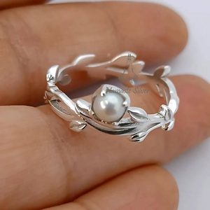 Pearl Leaf Ring, 925 Sterling Silver Handmade Boho Nature Inspired Band - Product Image 2