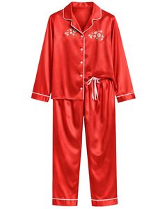 Manufacturer <b>Women</b> Red Embroidered Satin <b>Silk</b> <b>Pajama</b> Set Button Down Long Sleeve Sleepwear Luxury Soft Nightwear Loungewear - Product Image 1