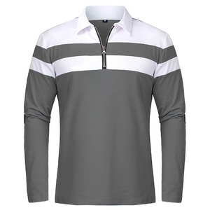 Polo à manches longues en tricot rayé bleu et blanc pour homme, fermeture éclair, sportif, séchage rapide, coupe classique - Product Image 3