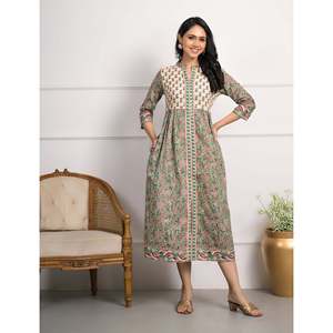 Vestido largo de algodón con estampado de bloques verdes, estilo casual hippie con cintura natural, transpirable, diseño personalizado, talla XS, suministro ODM - Product Image 1