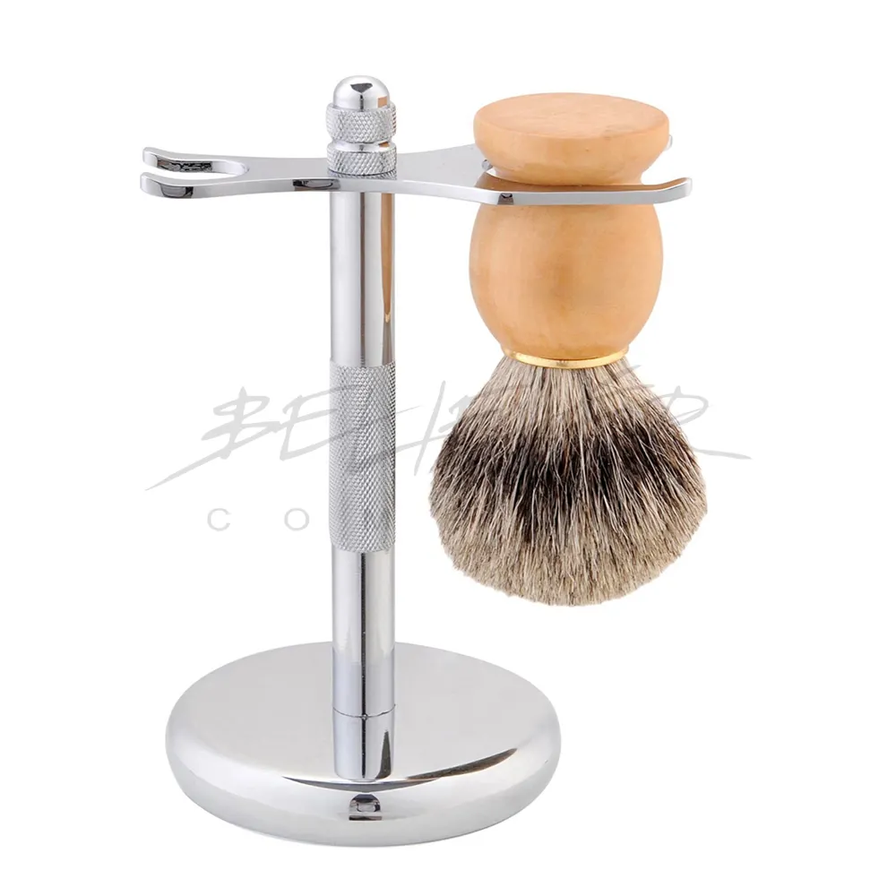 Believer custom logo men safety shaving stand chrome metal razor stand shavings brush holder