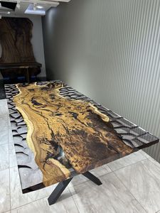 LINKED HANDCRAFT TABLE RONDE EN RÉSINE ÉPOXY POUR SALLE À MANGER Meubles Table de rivière en bois et résine pour bureau à domicile - Product Image 2