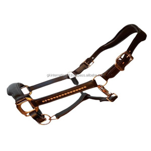 High Quality Luxury Havana Brown Leather Horse <b>Halter</b> with clear Crystal Bling Chain Noseband Premium Rose Gold Hardware - Product Image 4