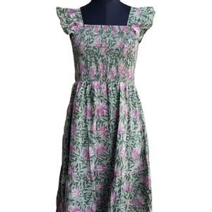 Bloque de mano Impreso Algodón indio Vestido largo Cuello cuadrado Patrón floral Estilo casual Correa ajustable Vestido sin mangas - Product Image 1