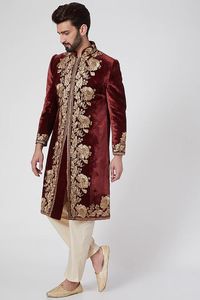 HEAVY ZARI EMBROIDERY on STYLISH GROOM MAROON SHERWANI,<b>PANT</b> & MATCHING SHOE WITH EMBELLISHED CRYSTAL GLASS BEADS,DABKA WORK@2024 - Product Image 2