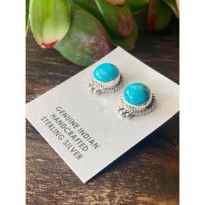 Kingman Turquoise and Sterling <b>Silver</b> Bezel <b>Set</b> <b>Stud</b> <b>Earrings</b> - Product Image 4