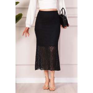 LUSTIN Women's Elegant Black Midi <b>Skirt</b> with <b>Elastic</b> Waistband, Delicate Lace Detail, and Comfortable Lining for Casual or - Product Image 1