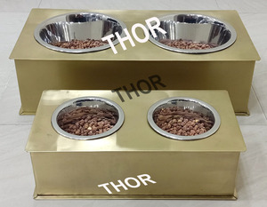 Double Pet <b>Feeder</b> Dog Bowl Stainless Steel Non Skid Bowl Brass Polished Set of 2 Small to Large Dogs and <b>Cats</b> - Product Image 6