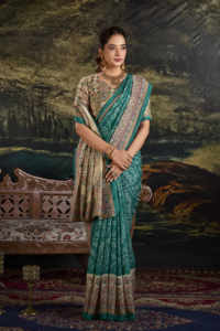 Saree en soie verte de qualité supérieure avec impression Madhubani Bandhej Fusion et chemisier Madhubani non cousu en gros exportation traditionnelle - Product Image 2