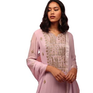 All'ingrosso donna OEM abbigliamento Factory Custom Outfit Factory pazo color lavanda viola Set ricamato a mano In Georgette con ricamo - Product Image 4