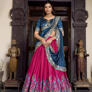 Elegante Lehenga de seda Tasar cosida con lienzo Cancan y juego de seda Vichitra bordada para revendedores y pedidos a granel - Product Image 4