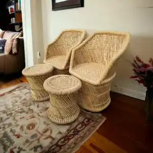 Luxury Outdoor Rattan Furniture Villa Garden 2Vintage Chairs with Ottoman Lightweight Portable Comfort Bamboo Chair Sofa