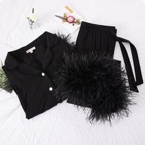 Personalizado Novo Design De Luxo Pijama Das Mulheres Penas De Avestruz Pijamas Casual Manga Longa Modal Loungewear Pijamas Set Mulheres - Product Image 3