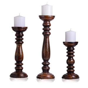 Juego de 3 Portavelas de Madera de Mango Teñida de Oscuro, Candelabros Artesanales Vintage para Centros de Mesa Rústicos y Decoración de Bodas - Product Image 1