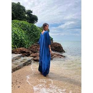 Women Tie Dye Kaftan Solid Blue Knitted Floor-Length V Neck Natural Waistline Washable Flowy Beach Wear Summer Resort Boho Long - Product Image 4