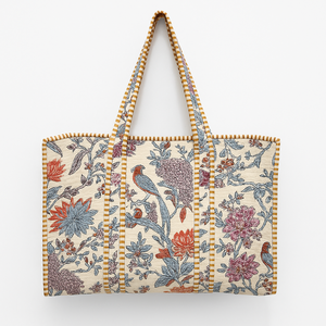 Bolso de mano de lona de melocotón hecho a mano para mujer, algodón acolchado ecológico, estampado de pájaros, cremallera personalizable, estilo bohemio para viajes - Product Image 4