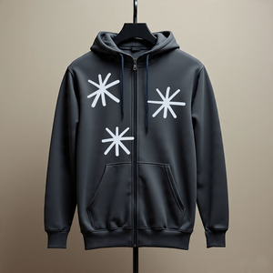 Sudadera con Capucha Negra para Hombre con Estampado de Estrellas Geométricas Blancas, Corte Regular, Cierre de Cremallera, Diseño con Bolsillo Frontal - Product Image 1