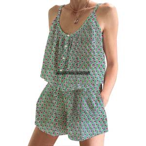 Ensemble de pyjama en coton indien imprimé à la main, short de pyjama, pyjama indien printemps/été, floral, ajusté, sans manches, ensemble de pyjama à bretelles - Product Image 4