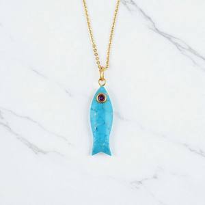 Pescado tallado a mano turquesa con amatista colgante de piedras preciosas collar-925 Plata oro Vermeil colgante - Product Image 1