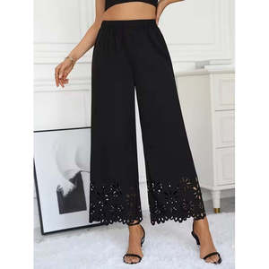 Women's High <b>Waist</b> <b>Elastic</b> <b>Waist</b> Floral Pattern Laser Cut Detail Imported Crepe <b>Trousers</b>, 36049 - Black - Product Image 4