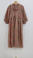 Robe Bohème Florale Imprimée à la Main Lavable pour Femme, Col en V, Manches 3/4, Longueur Genou, Tissée, Écologique, Décontractée, Automne-Été