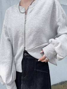 Sudadera corta con cremallera bidireccional gris jaspeado, jersey de cuello redondo de lana de algodón, dobladillo en capas, ropa de calle con hombros caídos de gran tamaño - Product Image 5