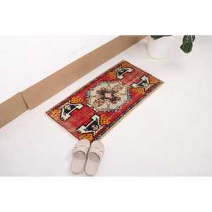1.6x3.1 ft Rug, Turkish Vintage Rug, <b>Red</b> Check <b>Wool</b> Rug - Product Image 2