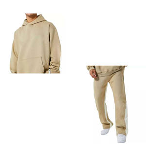 Custom Design Heavy <b>Cotton</b> Flared Sweatsuit Embroidered Logo <b>Raw</b> Hem Hoodie Jogger Tracksuit Set Plus Size Options Available - Product Image 3