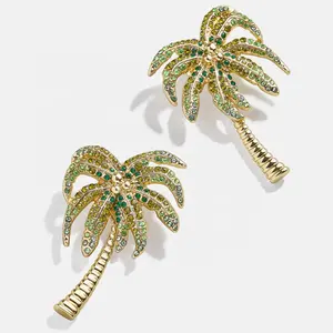 女性时尚饰品925纯银14/18k镀金Vermeil CZ钻石铺装声明棕榈树夏季海洋耳环