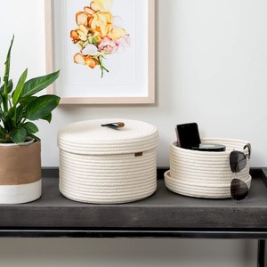 Organizador de mimbre de estilo bohemio multiusos de 2 piezas, cesta de almacenamiento de cuerda de algodón de alta calidad, cajas con tapa para una fácil organización del hogar - Product Image 3