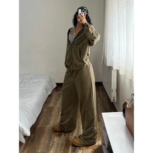 Custom Women's <b>Zip</b> <b>Up</b> <b>Hoodie</b> and Wide Leg Pants Tracksuit Premium <b>Fleece</b> Lounge Set Trackstar OEM Private Label - Product Image 2